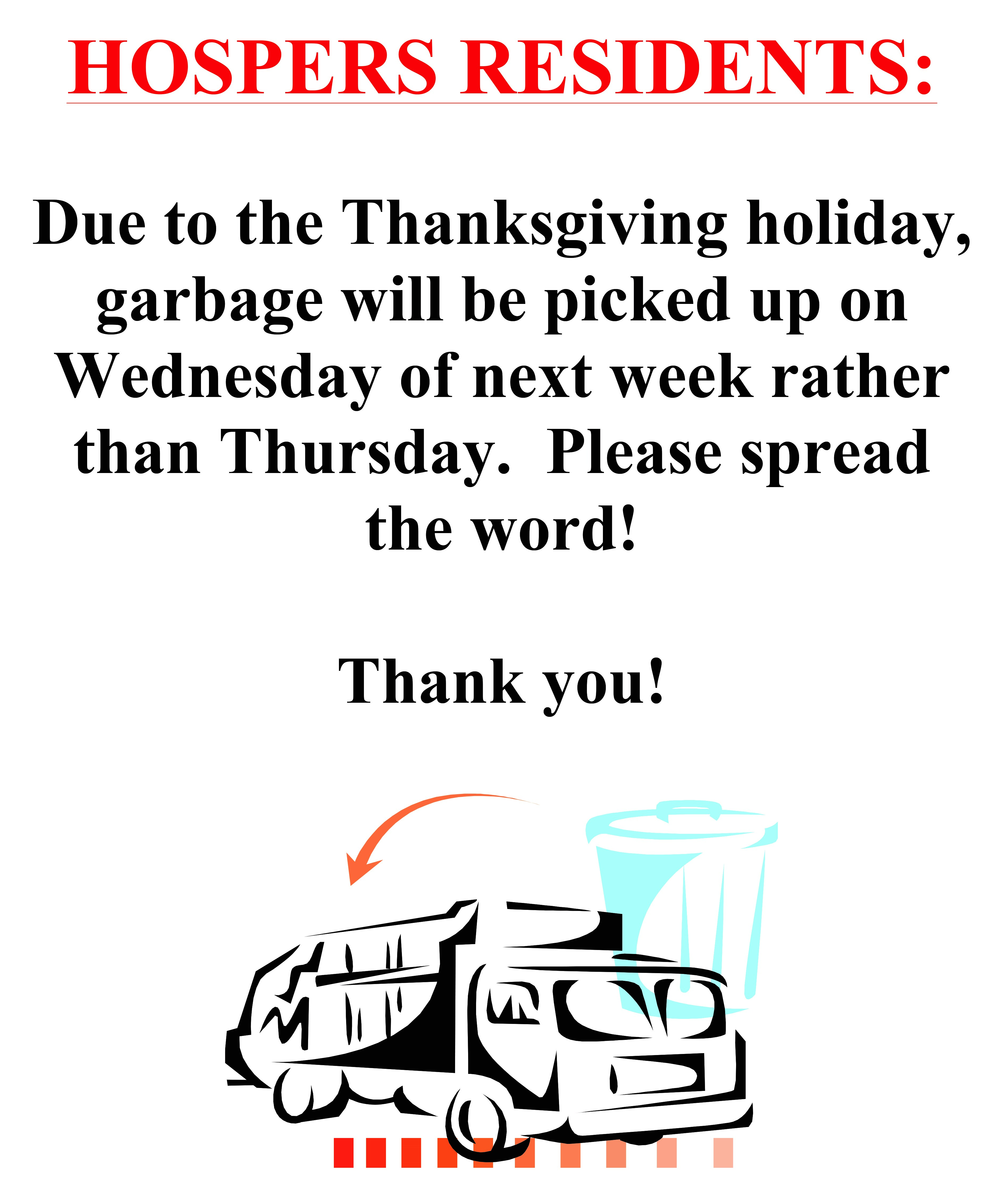 Garbage Pick Up Thanksgiving Holiday Hospers Iowa